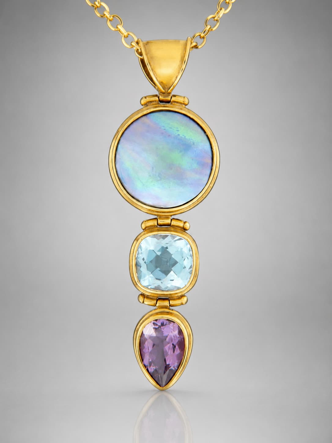 Blue Pearl, Blue Topaz & Amethyst Pendant -Gold Vermeil