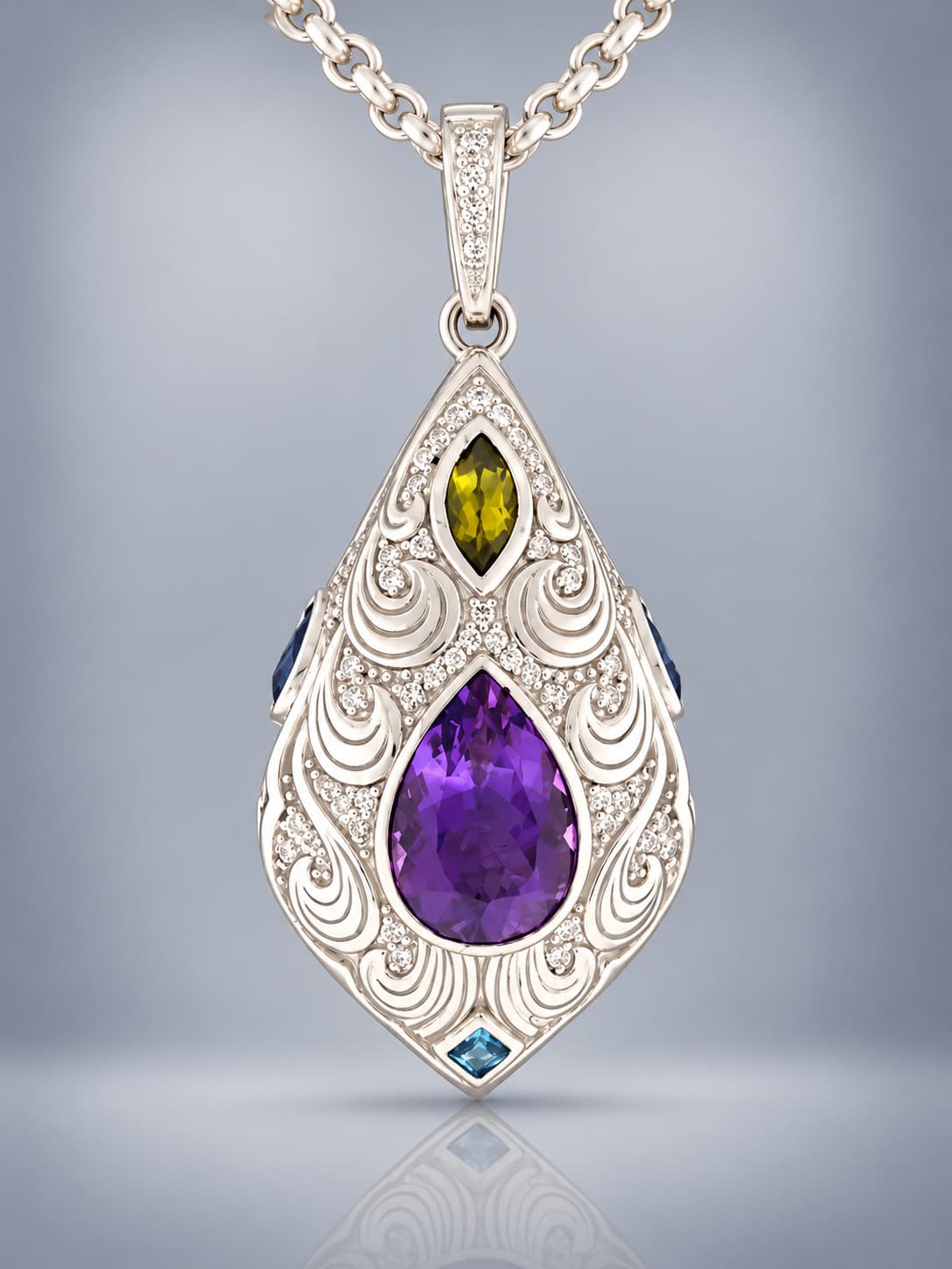 Amethyst pendant sterling silver with london blue topaz and yellow tourmaline stones