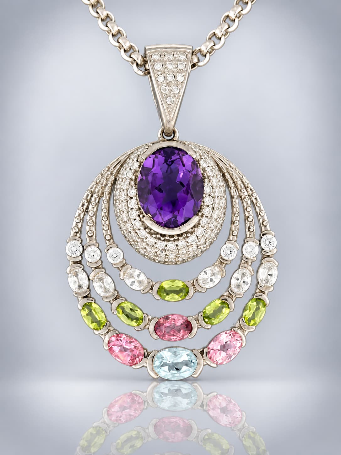 Amethyst Pendant with Morganite, Peridot & Topaz - Sterling Silver - A381