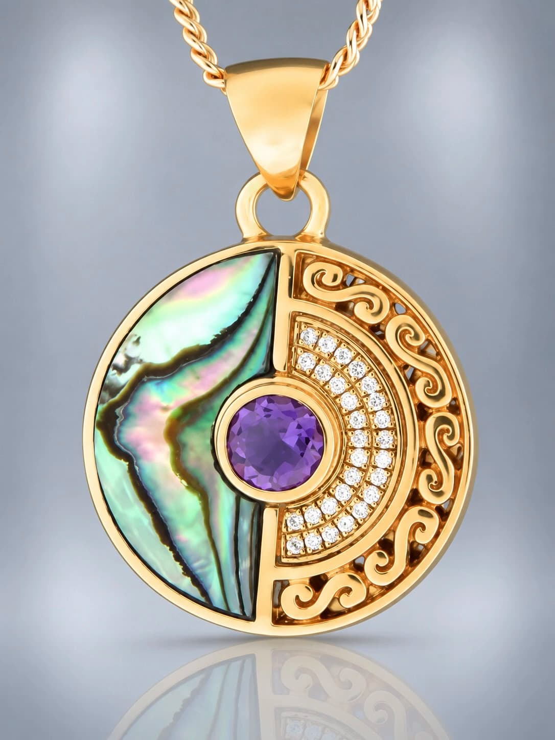 paua shell and amethyst pendant