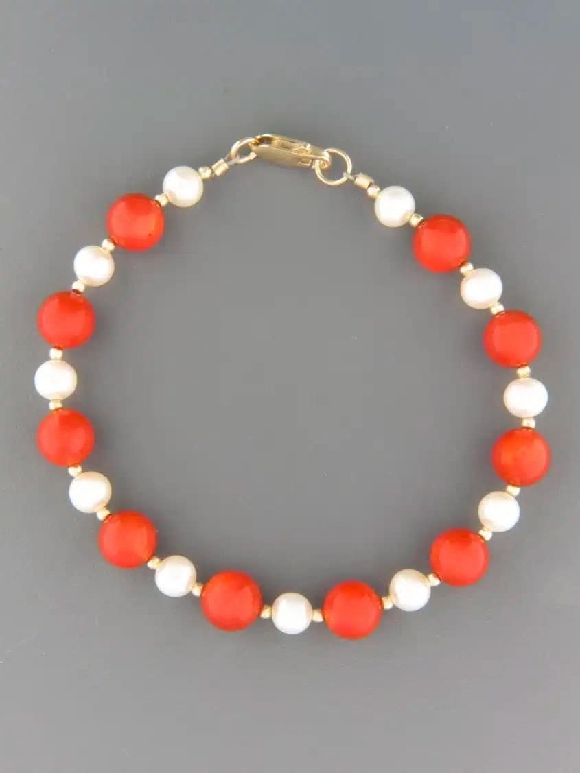 Red Coral & Pearl Bracelet - 8mm round stones with round beads