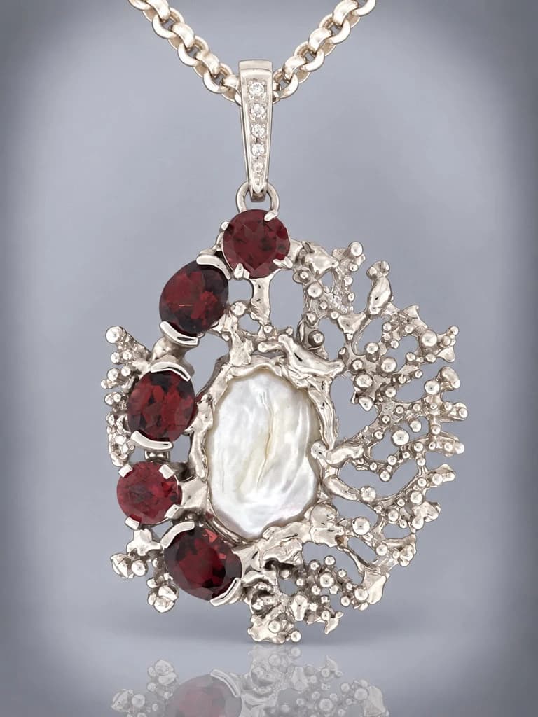 sterling silver baroque pearl and garnet pendant