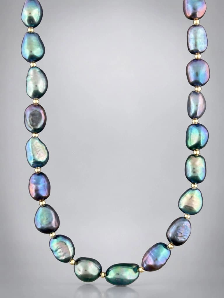 Dark Baroque Pearl Necklace with Gold beads - YDBQ102N