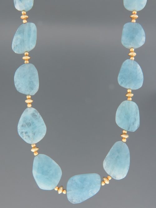 Aquamarine Necklace - irregular facets with gold beads - 50cm - AQ030