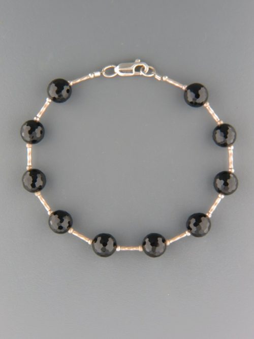 Onyx Bracelet - 8mm round faceted stones with Silver beads - OX901